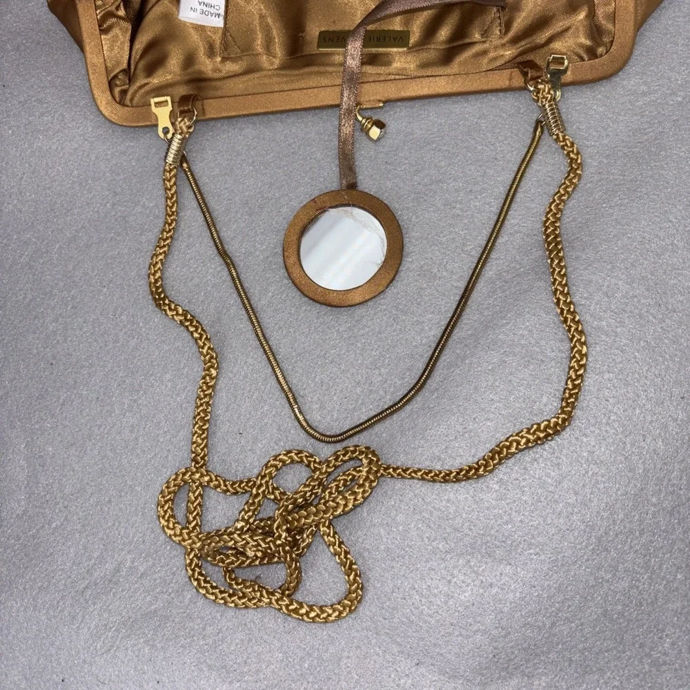 Valerie Stevens Gold Satin Duel Strap Clutch Purse Bow Rhinestone Kiss Lock EUC